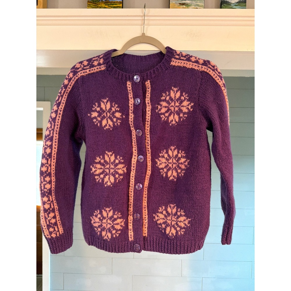 Handmade Purple Pink Snowflake Fair Isle Wool Cardigan Sweater Women